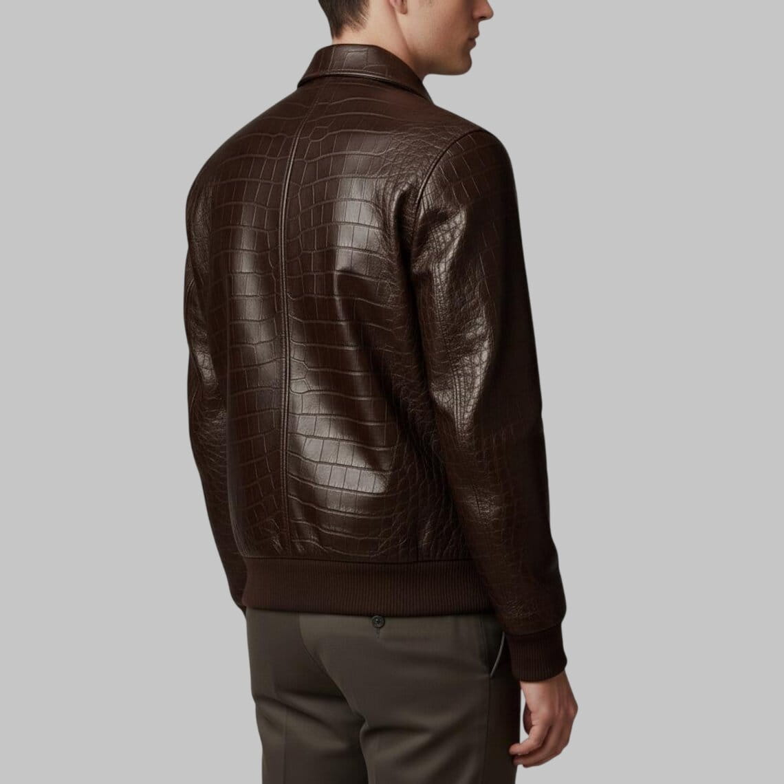Back View of Men Dark Brown Crocodile Embossed Leather Bomber Jacket