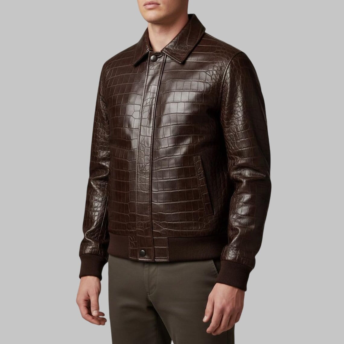Front View of Men Dark Brown Crocodile Embossed Leather Bomber Jacket