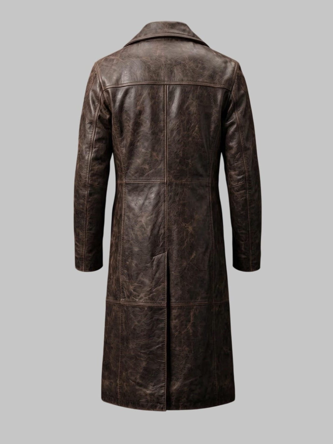 Back View of Men Dark Brown Distressed Leather Double Breasted Trench Coat