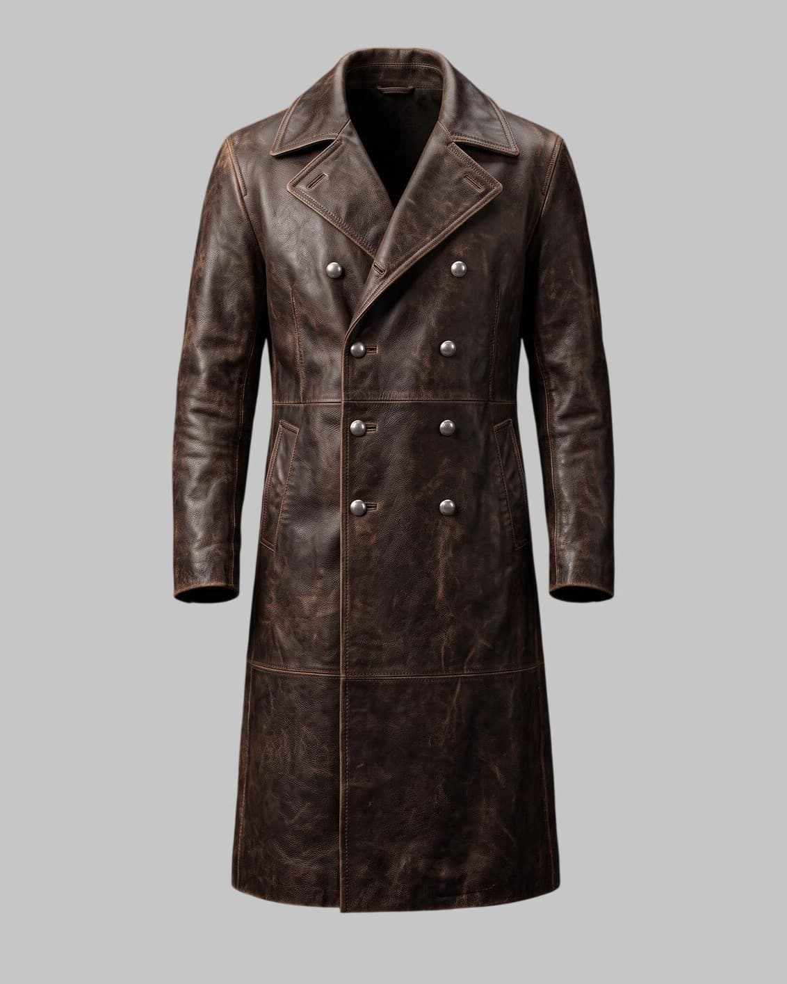 Front View of Men Dark Brown Distressed Leather Double Breasted Trench Coat
