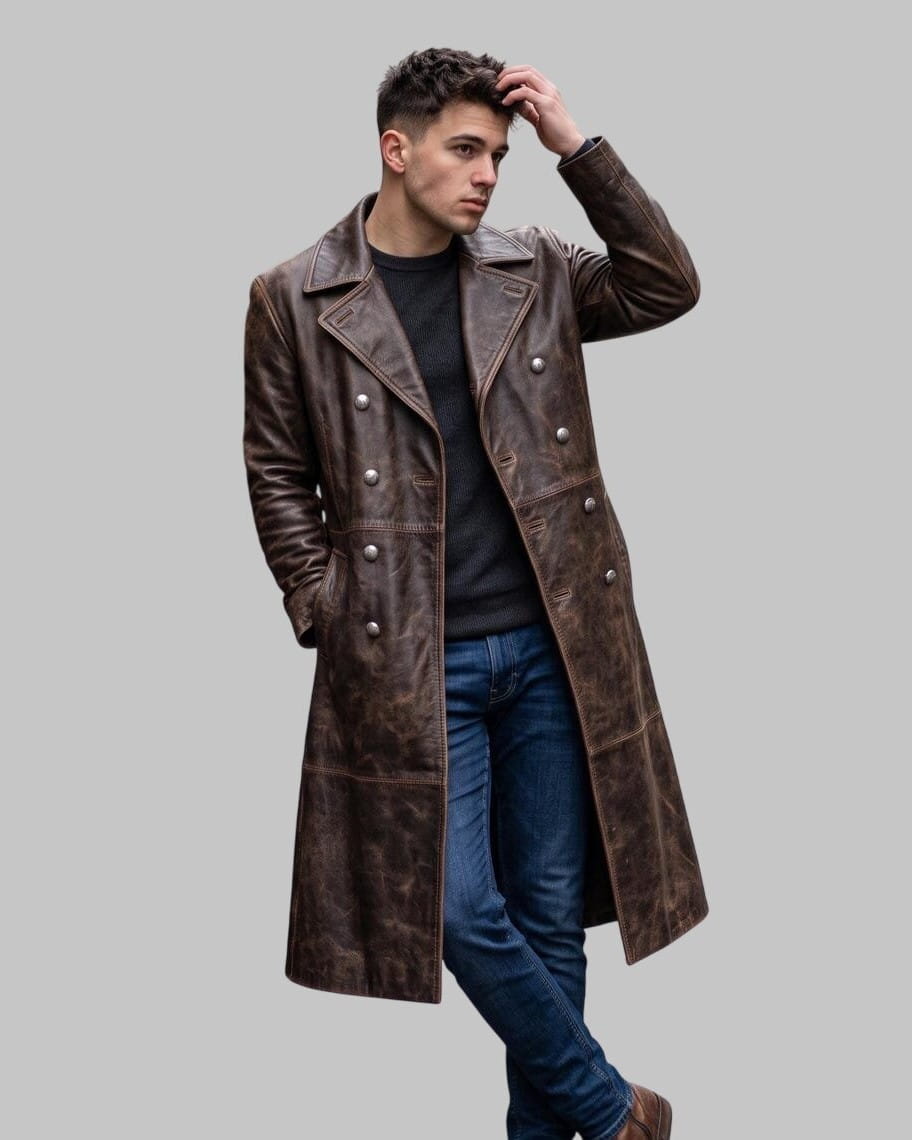 Life Style image of a Men Dark Brown Distressed Leather Double Breasted Trench Coat