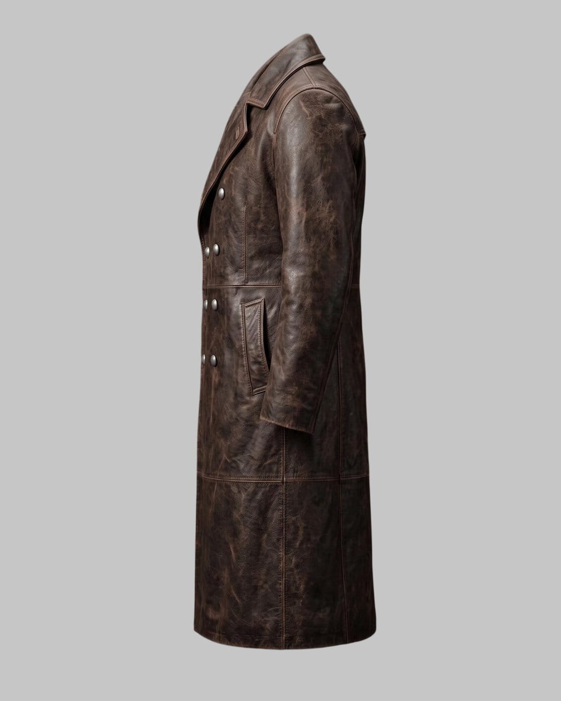 Side View of Men Dark Brown Distressed Leather Double Breasted Trench Coat