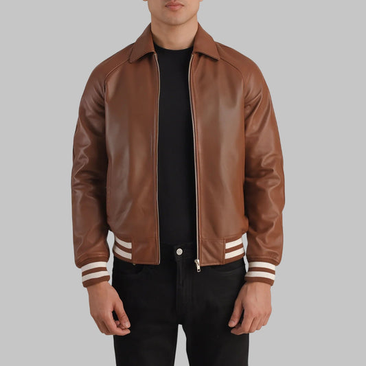 Men Dark Brown Leather Varsity Jacket