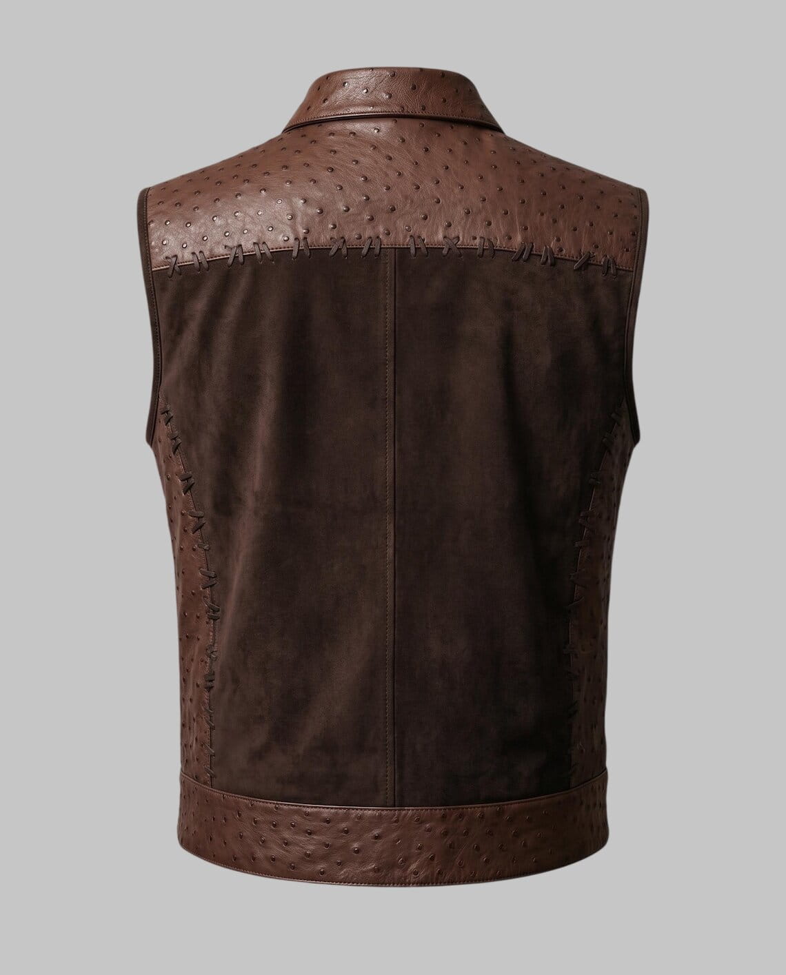 Back View of Men Dark Brown Suede Leather Ostrich Embossed Vest
