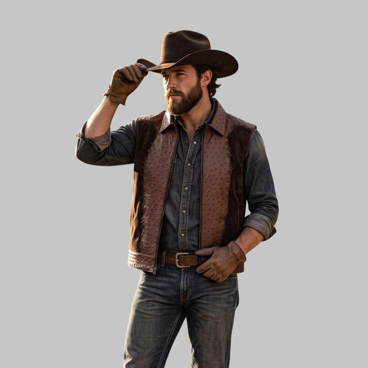 Cowboy Model wearing a Men Dark Brown Suede Leather Ostrich Embossed Vest