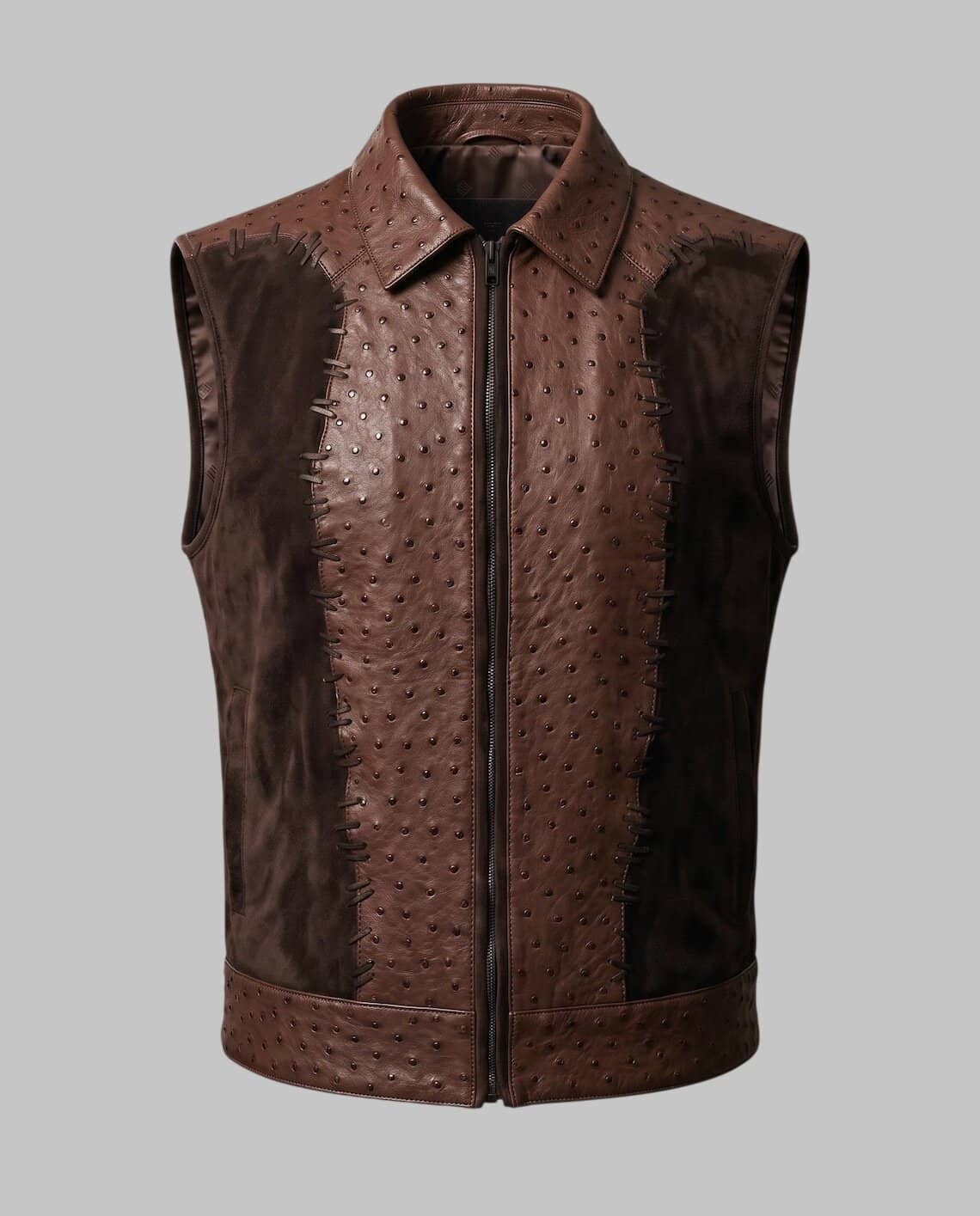 Front View of Men Dark Brown Suede Leather Ostrich Embossed Vest