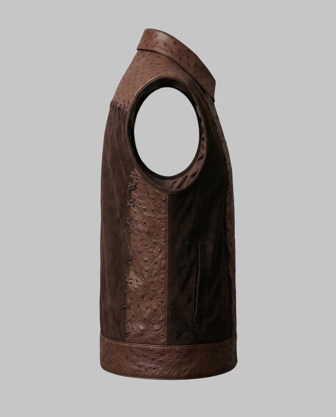 Side View of Men Dark Brown Suede Leather Ostrich Embossed Vest