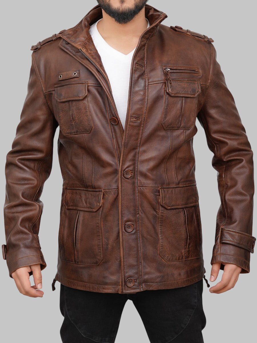 Men Distressed Brown Leather Field Jacket