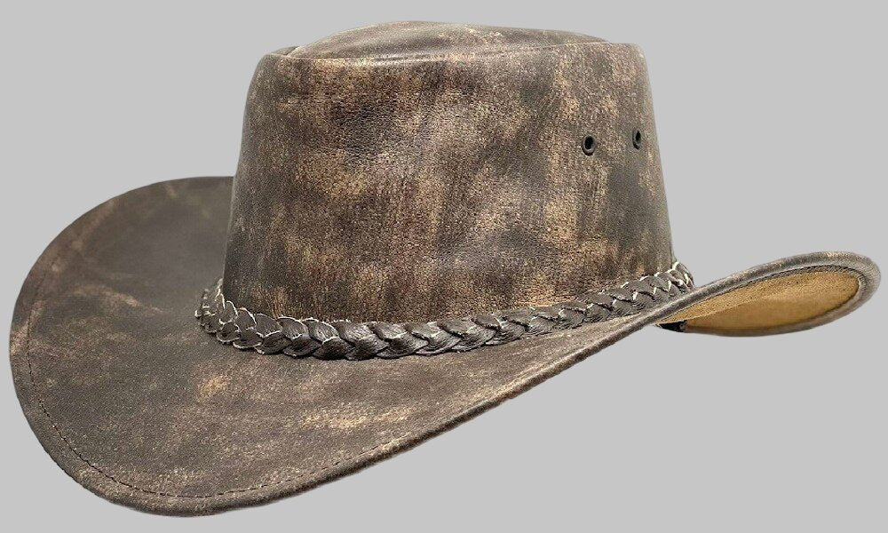 Men Distressed Chocolate Brown Leather Outback Hat