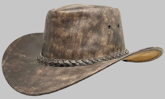 Men Distressed Chocolate Brown Leather Outback Hat