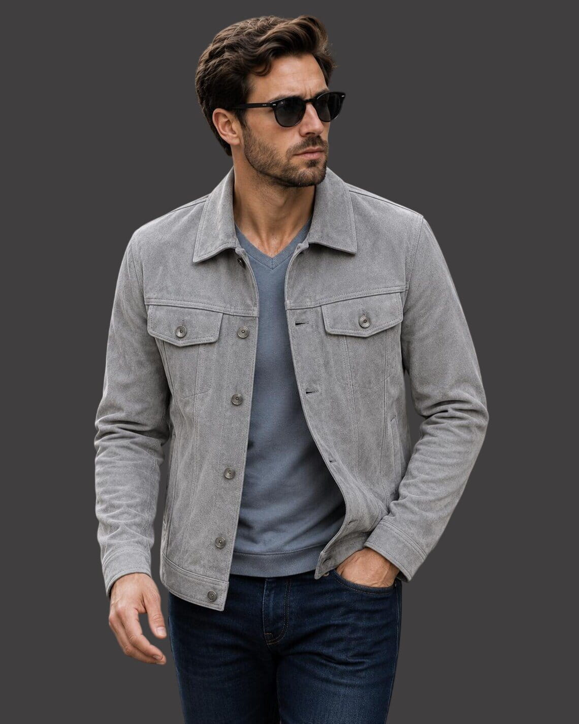 Front View of Men Gray Suede Leather Trucker Jacket