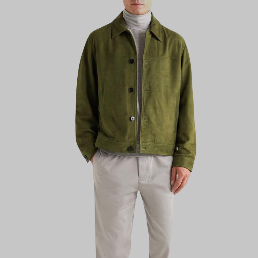 Men Green Real Suede Leather Trucker Jacket