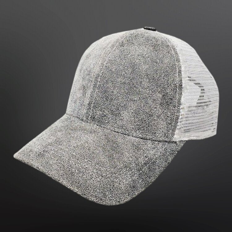 Men Grey Distressed Genuine Leather Mesh Trucker Cap
