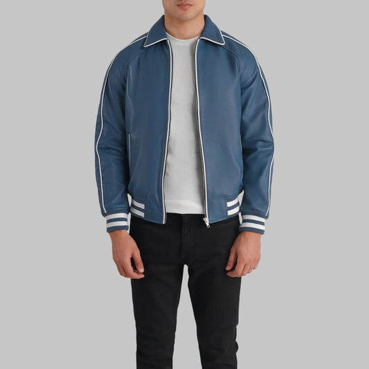 Men Light Blue Leather Varsity Jacket