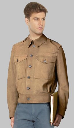 Front View Men Light Brown Suede Leather Field Jacket