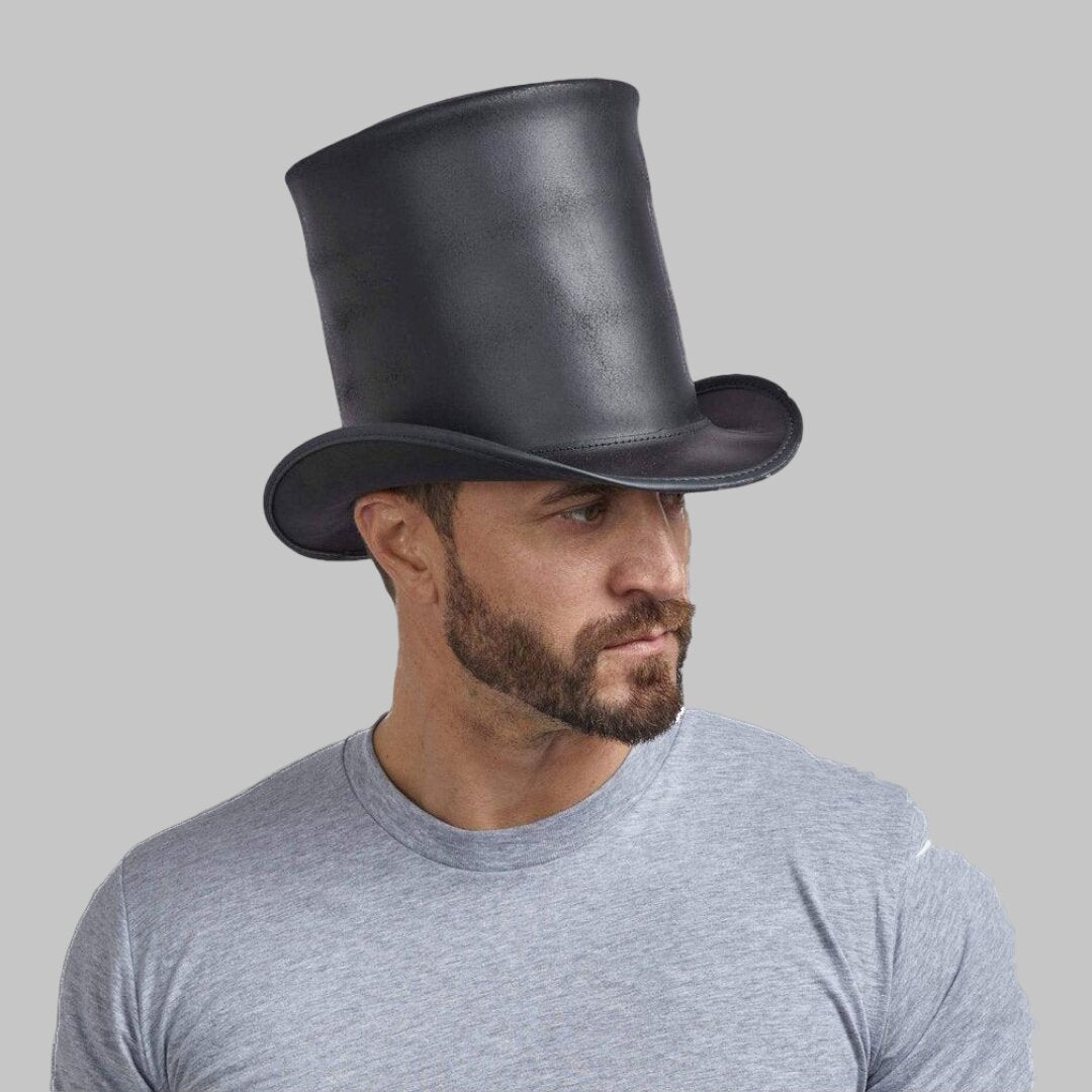 Men Long Black Leather Top Hat