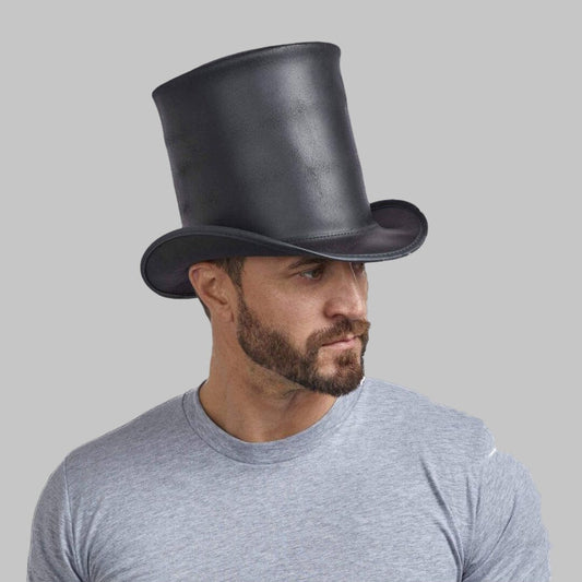 Men Long Black Leather Top Hat