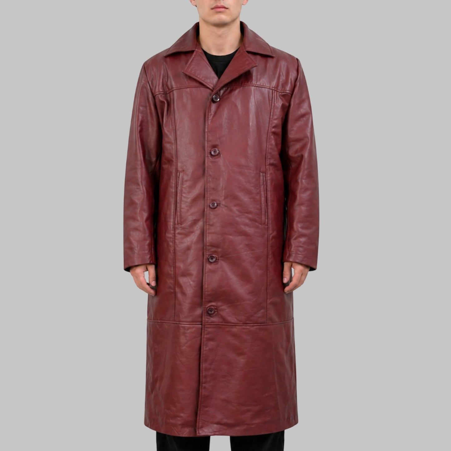 Men Maroon Casual Leather Trench Coat