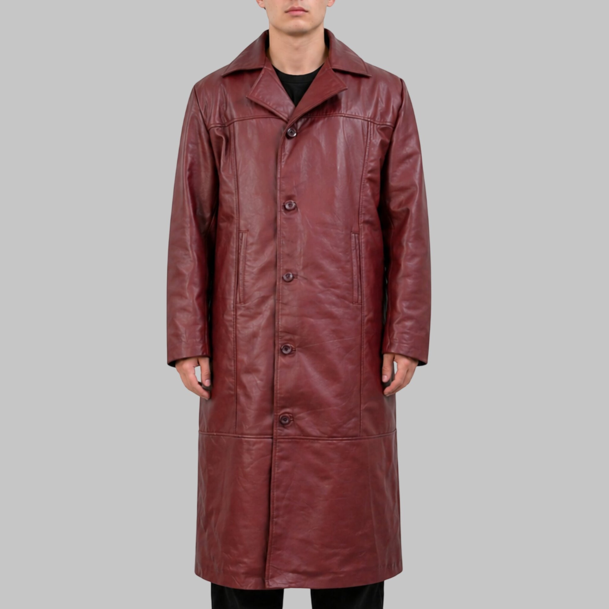 Men Maroon Casual Leather Trench Coat