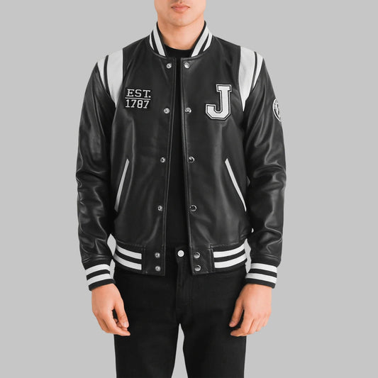 Men New Jersey Black Leather Varsity Jacket