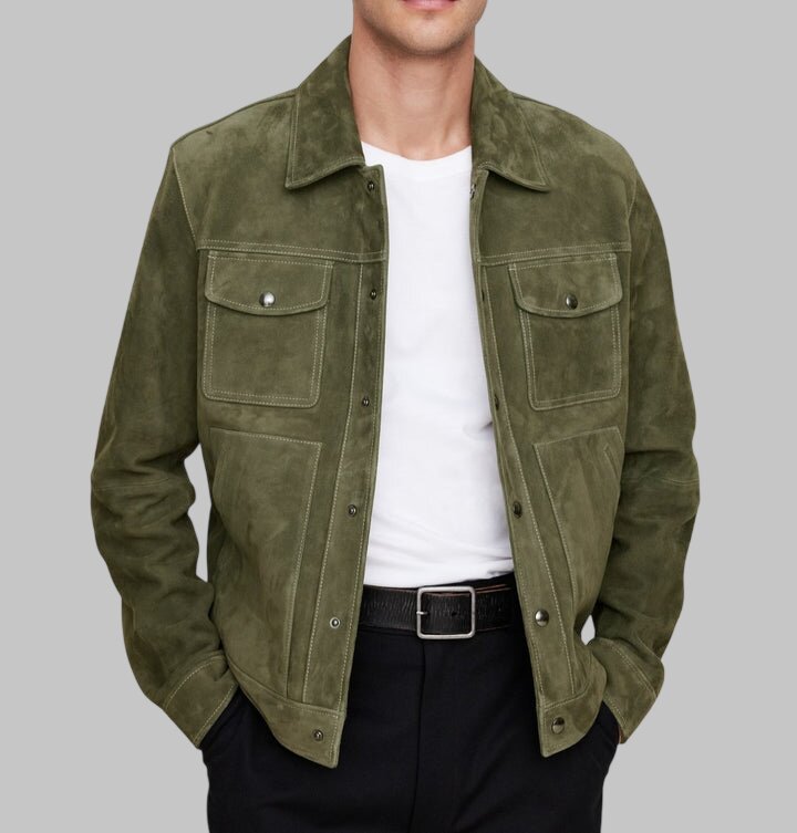 Men Olive Green Suede Leather Trucker Jacket