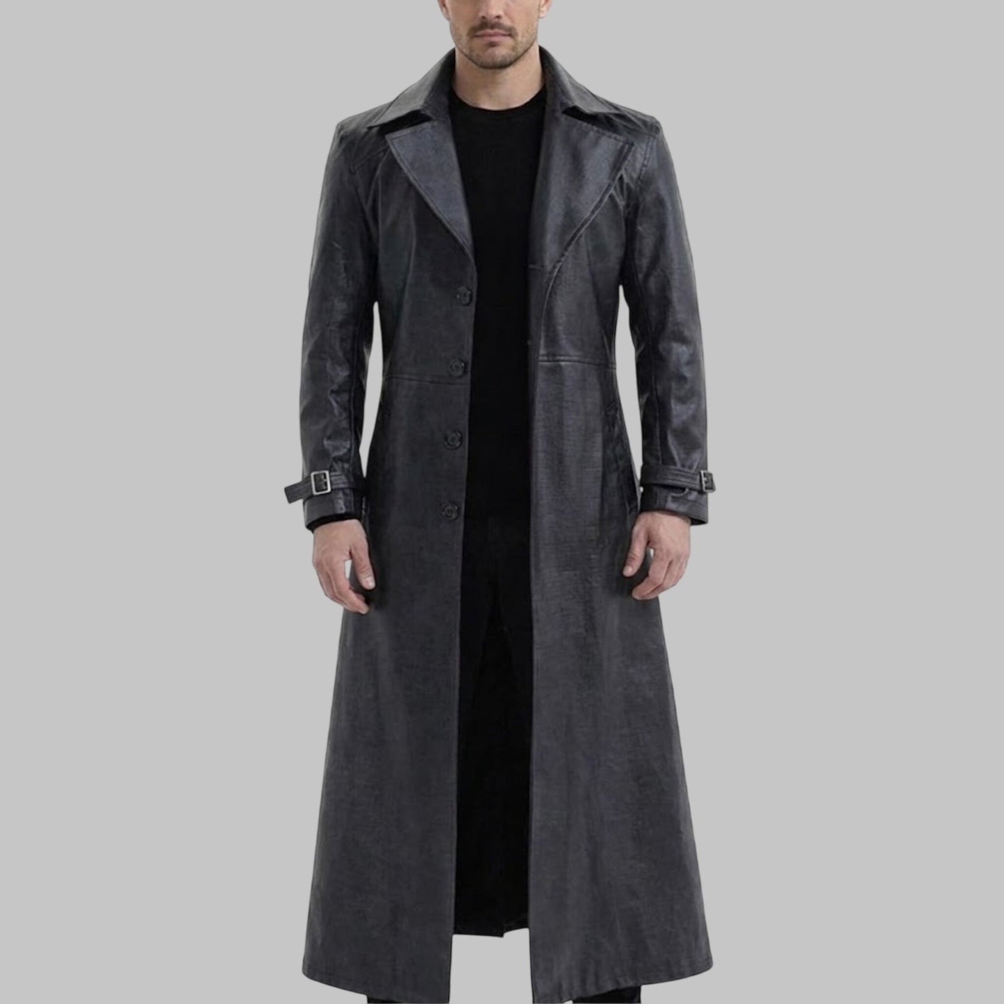 Men Premium Black Leather Long Trench Coat
