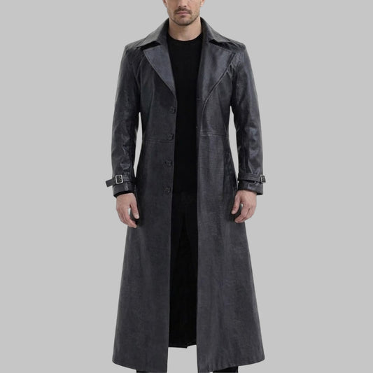 Men Premium Black Leather Long Trench Coat