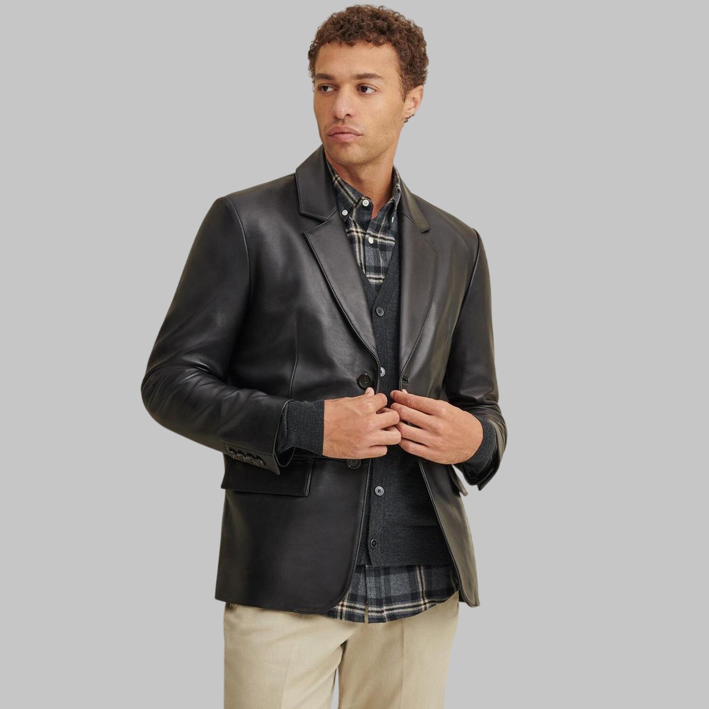 Men Premium Black Two Button Leather Blazer