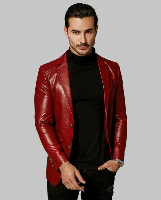 Men Premium Red Leather Blazer