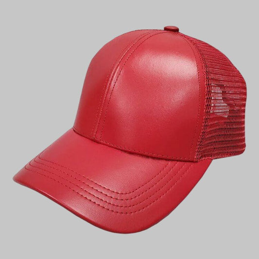 Men Red Genuine Leather Mesh Trucker Cap