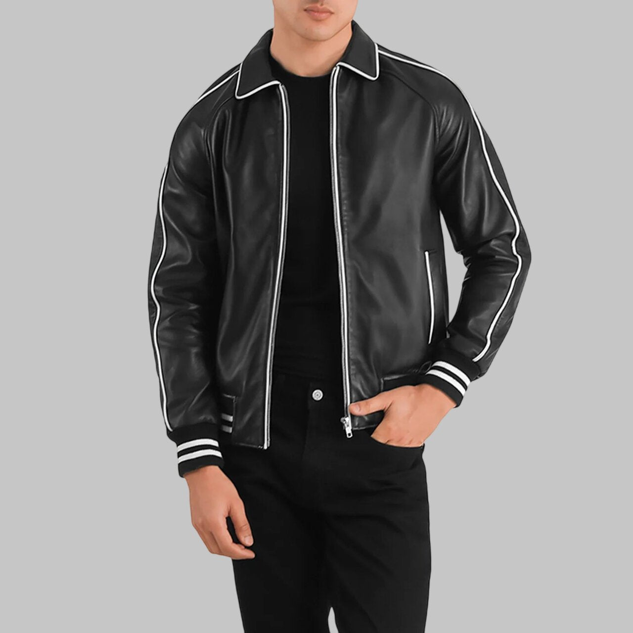 Men Stylish Black Leather Varsity Jacket