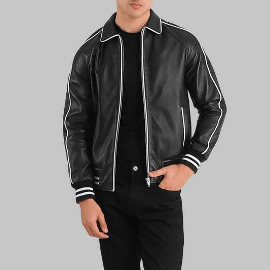 Men Stylish Black Leather Varsity Jacket