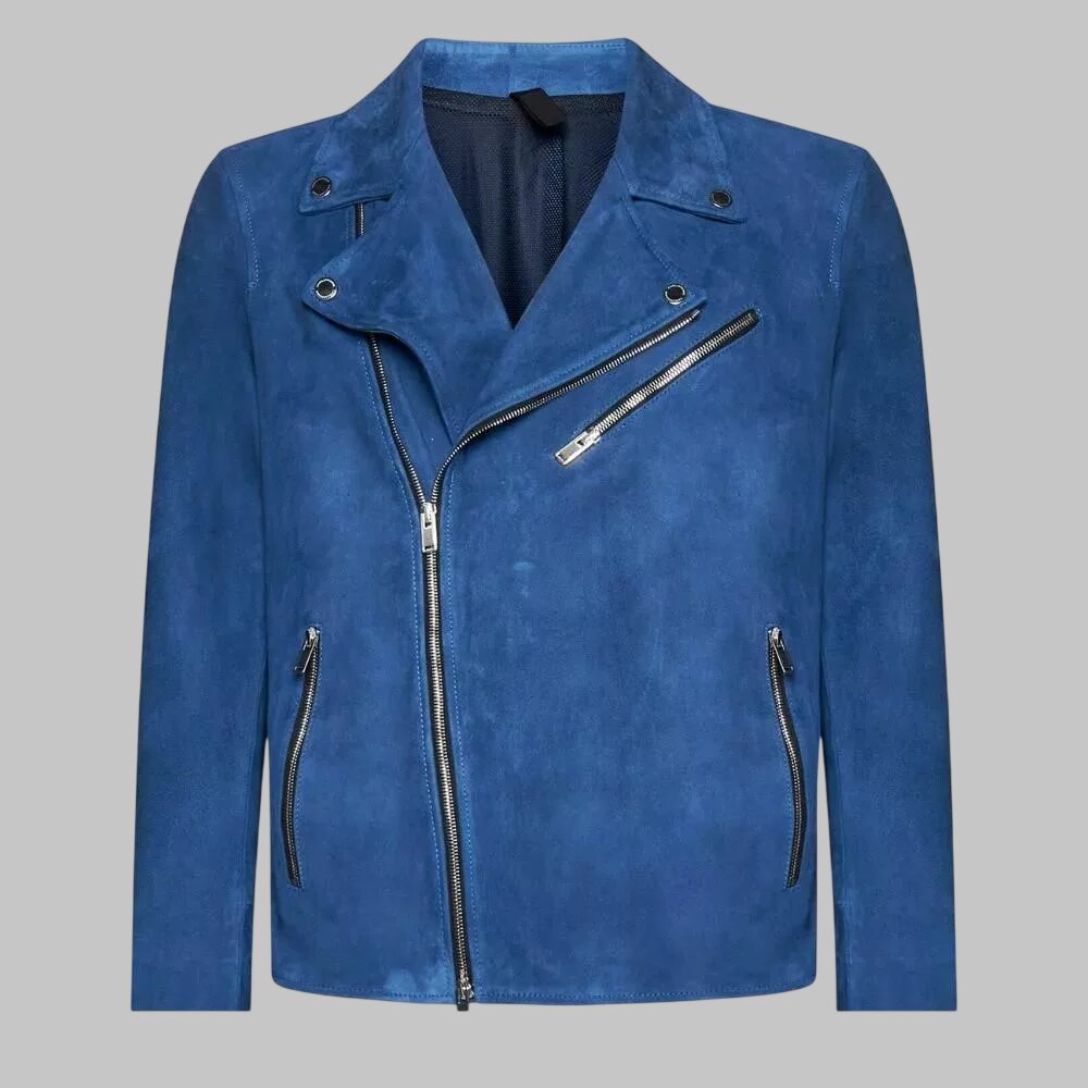 Men Stylish Blue Suede Leather Biker Jacket