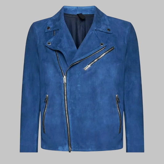 Men Stylish Blue Suede Leather Biker Jacket