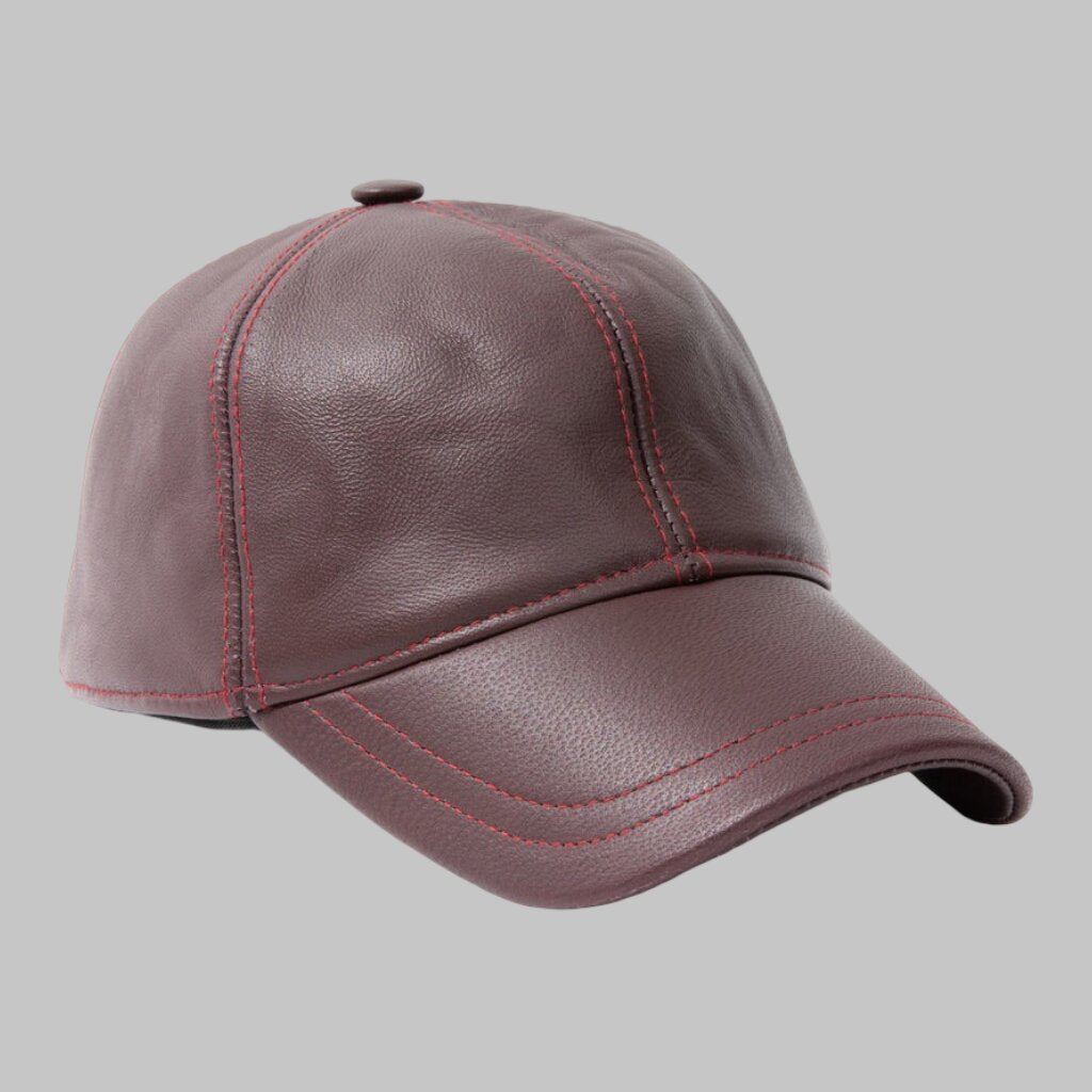 Men Stylish Burgundy Leather Baseball Cap