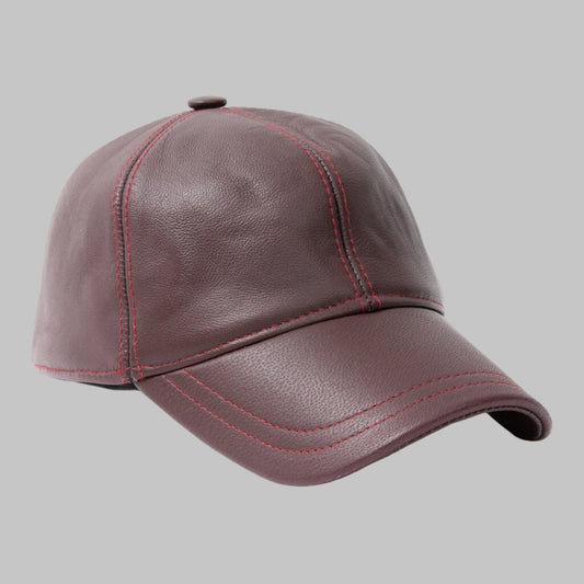 Men Stylish Burgundy Leather Baseball Cap