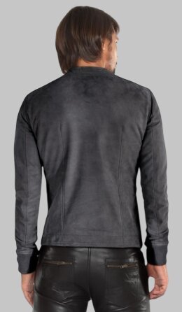 Back View of Men Stylish Dark Grey Suede Leather Bomber Jacket