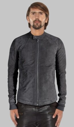 Front View of Men Stylish Dark Grey Suede Leather Bomber Jacket