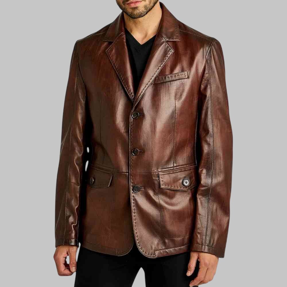 Men Stylish Distressed Dark Brown Leather Blazer