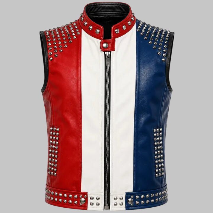 Men Tricolor Studded Leather Biker Vest