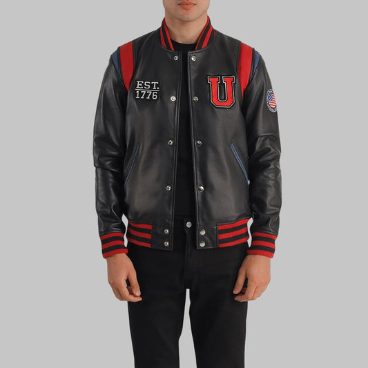 Men USA Black Leather Varsity Jacket