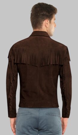 Back View of Men Vintage Dark Brown Suede Leather Fringe Cowboy Jacket