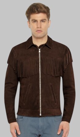 Front View Men Vintage Dark Brown Suede Leather Fringe Cowboy Jacket