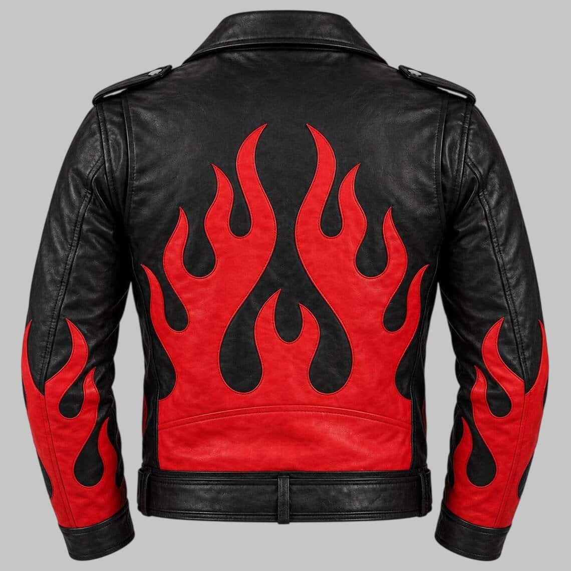 Black leather motorcycle jacket shown from the back, featuring a large red flame pattern across the back and sleeves with black detailing.