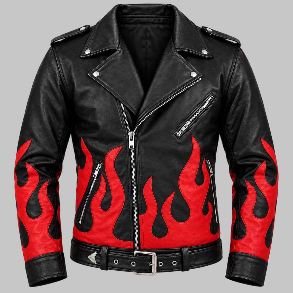 Black leather motorcycle jacket with bold red flame graphics on the front and sleeves, featuring a silver zipper, snap-button collar, and matching black belt with silver buckle.