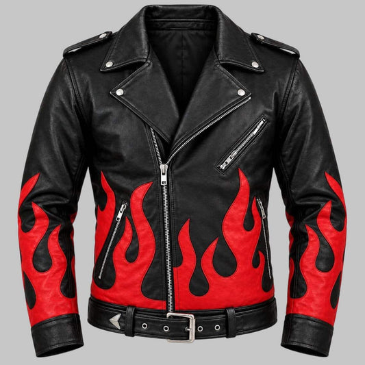 Black leather motorcycle jacket with bold red flame graphics on the front and sleeves, featuring a silver zipper, snap-button collar, and matching black belt with silver buckle.