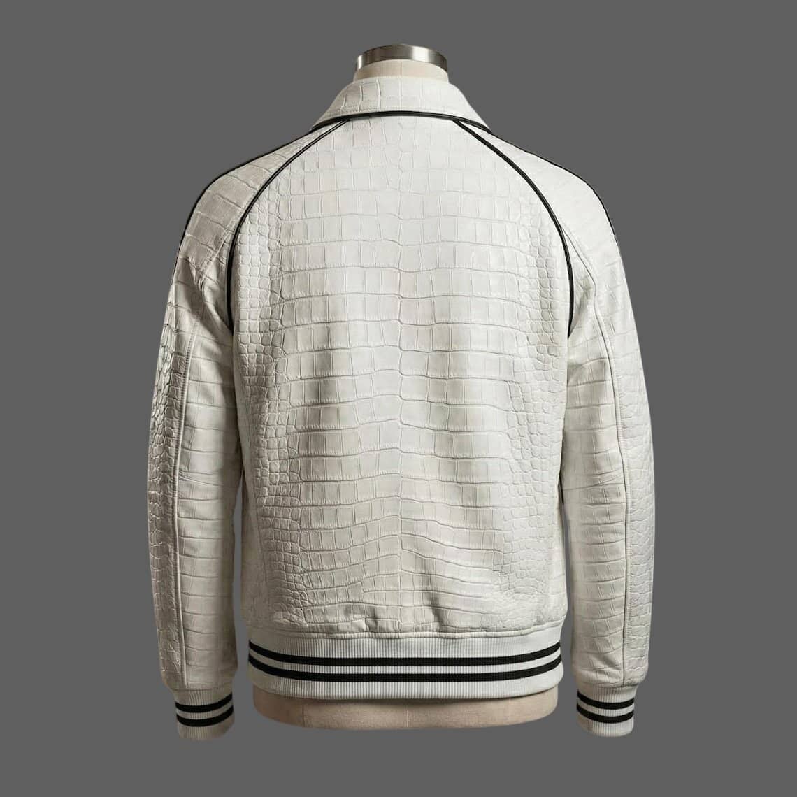 Back View of Men White Crocodile Embossed Leather Jacket with Black Piping
