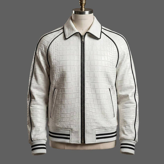 Front View of Men White Crocodile Embossed Leather Jacket with Black Piping