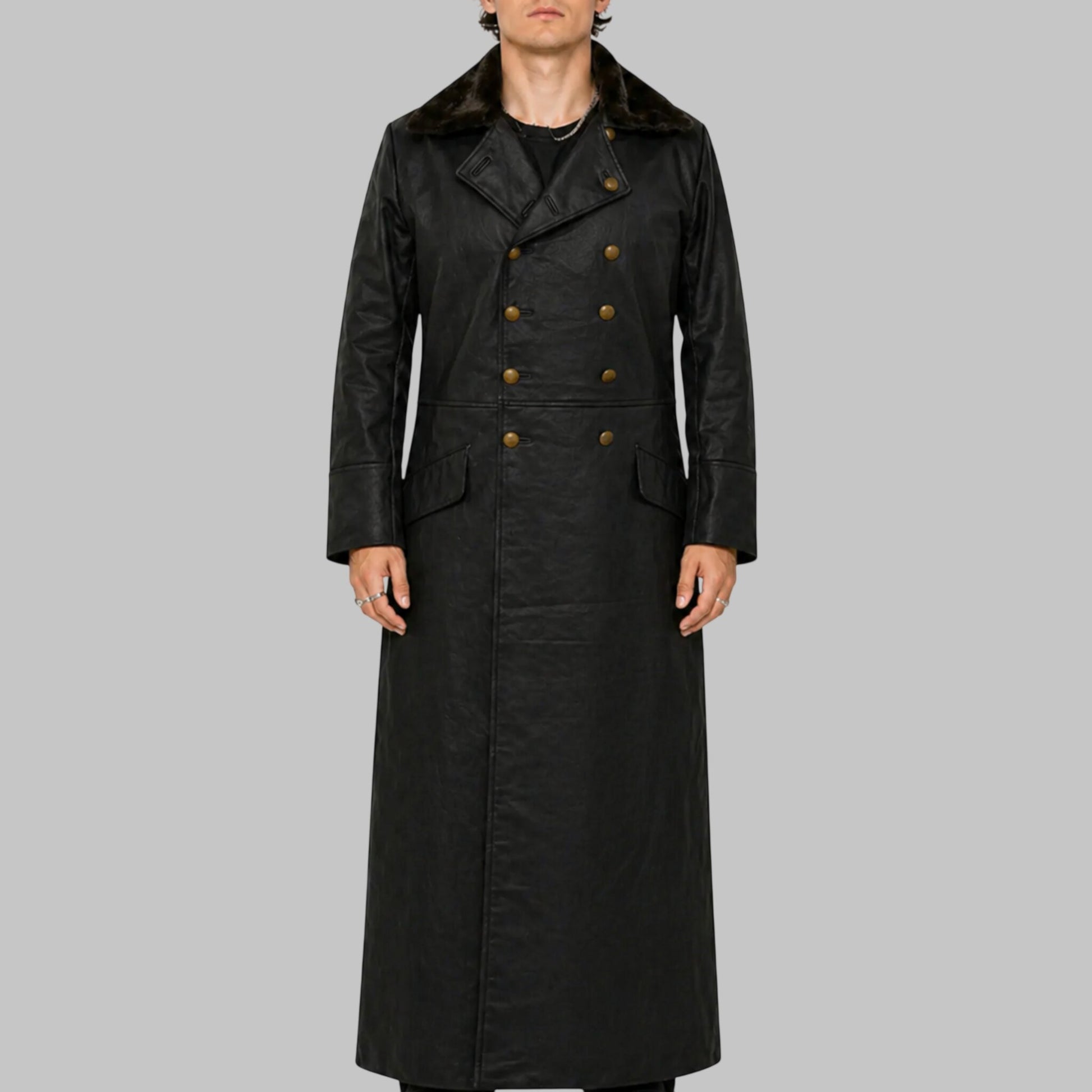Men World War 2 Style Black Leather Trench Coat