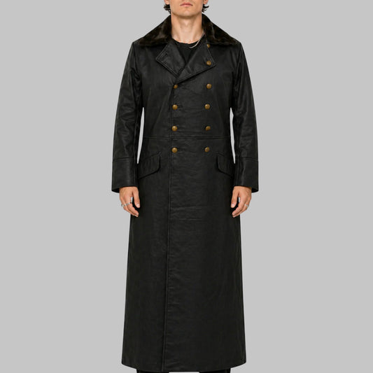 Men World War 2 Style Black Leather Trench Coat